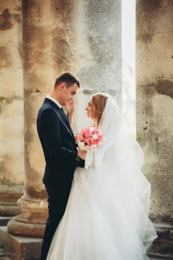 Güzel, romantik bir düğün. Yeni evliler. Eski kalenin yakınlarında sarılıyorlar.