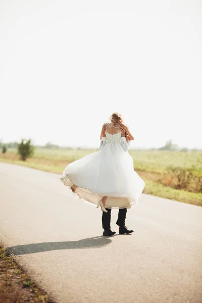 Hermosa pareja de boda, novia y novio posando en el camino — Foto de Stock