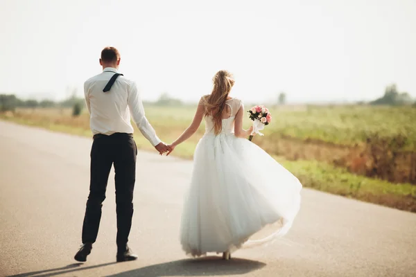 Hermosa pareja de boda, novia y novio posando en el camino — Foto de Stock