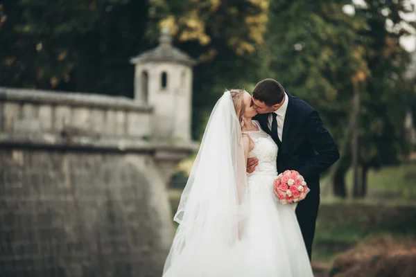 Piękny romantyczny ślub para nowożeńców przytulających się w pobliżu starego zamku — Zdjęcie stockowe