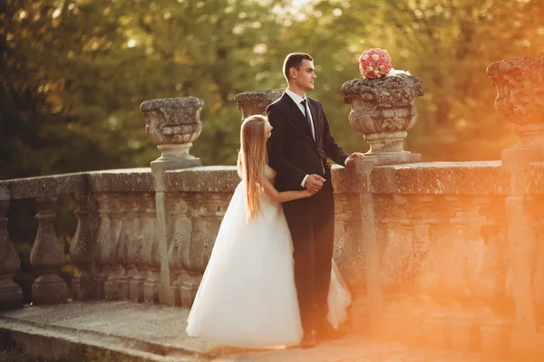 日没の古城近くハグ新婚夫婦の美しいロマンチックな結婚式のカップル — ストック写真