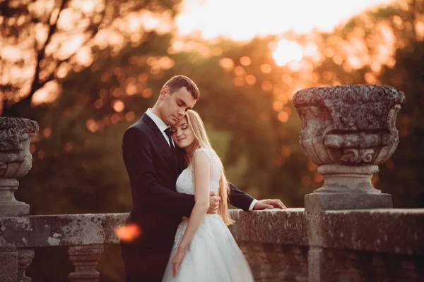 Casal romântico bonito do casamento, noivo e noiva abraçando perto do castelo velho no por do sol — Fotografia de Stock