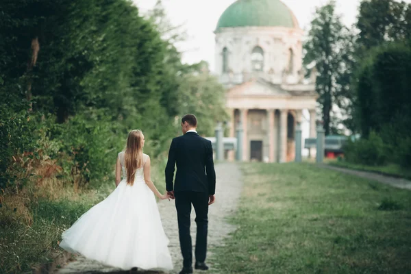 Gyönyörű romantikus esküvő házaspár, a vőlegény és a menyasszony a naplemente a régi vár közelében átölelve — Stock Fotó