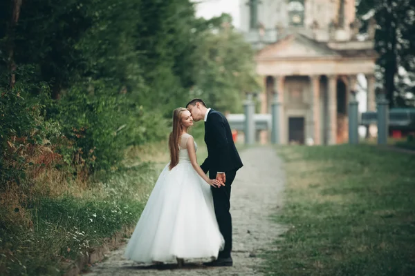 Casal romântico bonito do casamento, noivo e noiva abraçando perto do castelo velho no por do sol — Fotografia de Stock