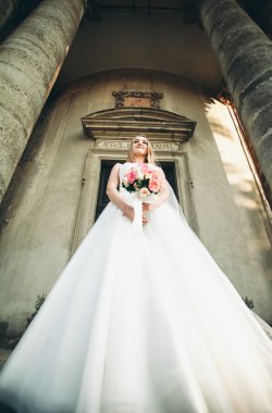 Muhteşem romantik zarif stil güzel beyaz gelin arka planda antik barok kalesinde