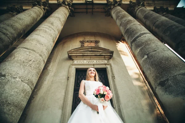 Magnifique romantique doux élégant belle mariée caucasienne sur le fond ancien château baroque — Photo