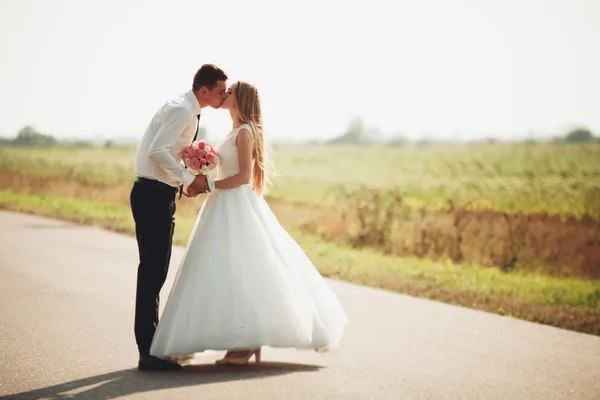 Vackra bröllopsparet, bruden och brudgummen poserar på väg — Stockfoto
