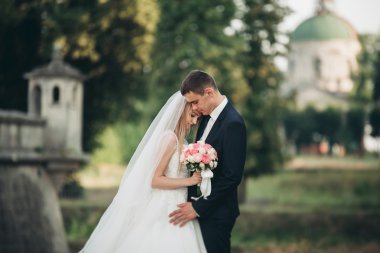 Güzel, romantik bir düğün. Yeni evliler. Eski kalenin yakınlarında sarılıyorlar.