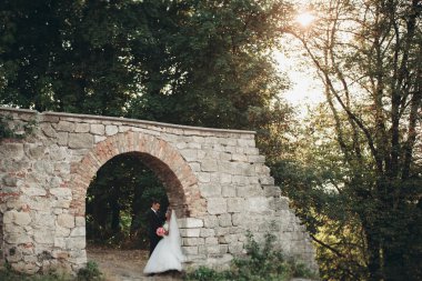 Güzel, romantik bir düğün. Yeni evliler. Eski kalenin yakınlarında sarılıyorlar.