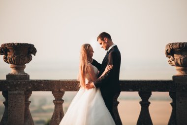 Güzel, romantik bir düğün. Yeni evliler. Eski kalenin yakınlarında sarılıyorlar.