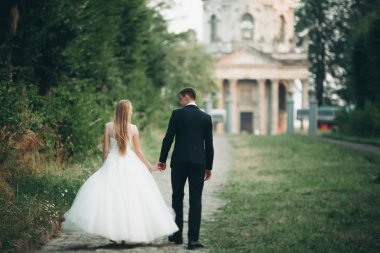 Güzel romantik Düğün çifti, damat ve gelin on sunset eski kale sarılma