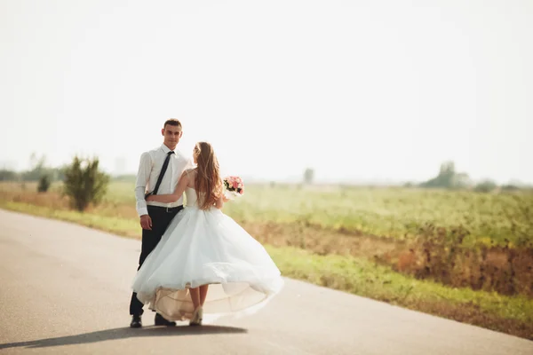 Hermosa pareja de boda, novia y novio posando en el camino —  Fotos de Stock