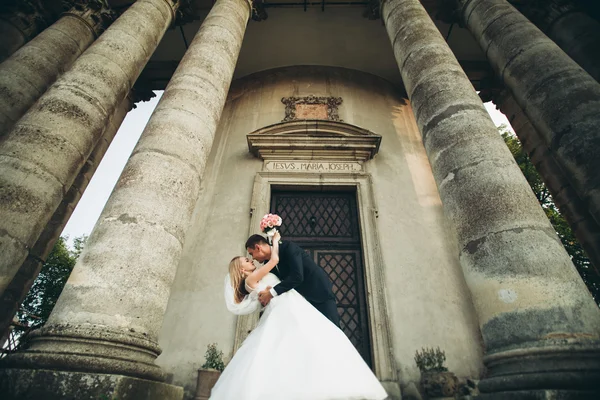 Прекрасная романтическая свадебная пара молодоженов, обнимающихся возле старого замка — стоковое фото