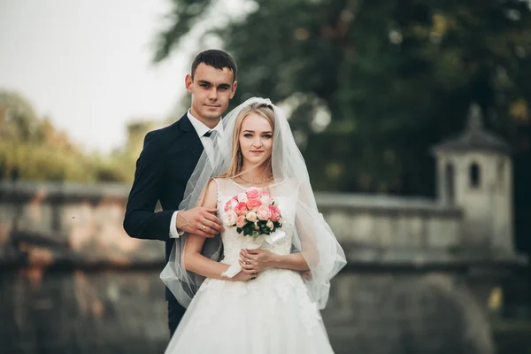 Hermosa boda romántica pareja de recién casados abrazos cerca del viejo castillo —  Fotos de Stock