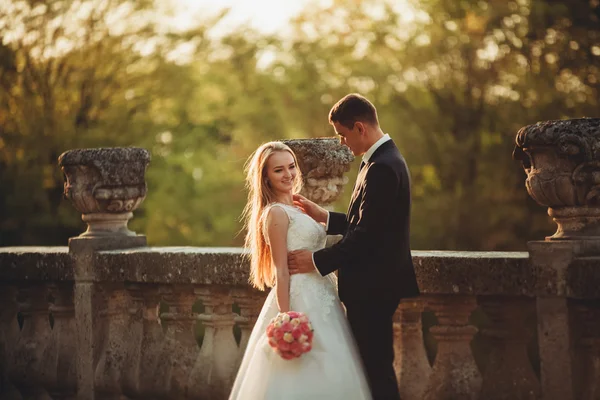 Vackra romantiska bröllop par nygifta kramas nära gamla slottet på sunset — Stockfoto