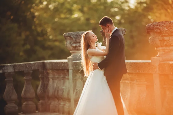 Beautiful romantic wedding couple of newlyweds hugging near old castle on sunset — Stock Photo, Image