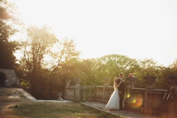 Hermosa pareja romántica de recién casados abrazándose cerca del viejo castillo en la puesta del sol —  Fotos de Stock
