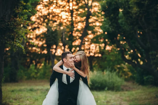 Güzel romantik bir çift yeni evliler gün batımında parkta sarılıyorlar. — Stok fotoğraf