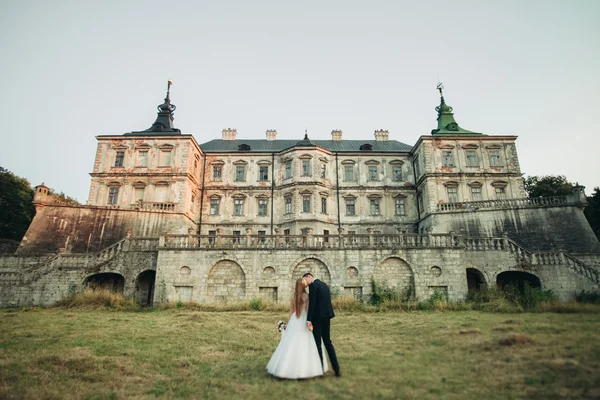 Bella coppia di matrimoni romantici, sposo e sposa che si abbracciano vicino al vecchio castello al tramonto — Foto Stock