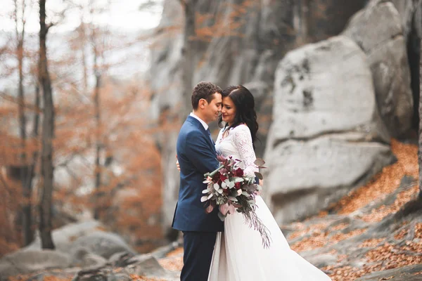 Splendido matrimonio coppia baci e abbracci nella foresta con grandi rocce — Foto Stock