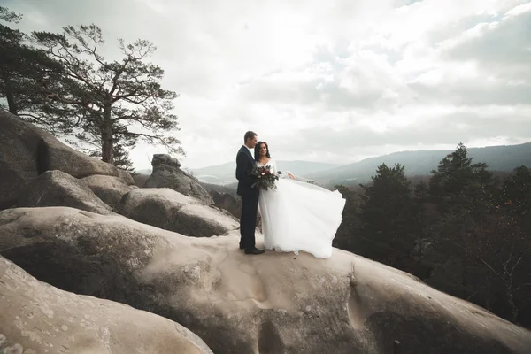 Preciosa novia, novio besándose y abrazándose cerca de los acantilados con impresionantes vistas —  Fotos de Stock