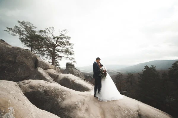 Splendida sposa, sposo baciare e abbracciare vicino alle scogliere con vista mozzafiato — Foto Stock