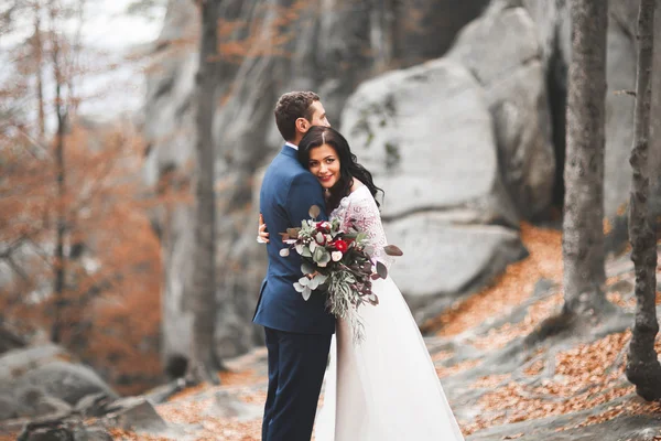 Splendido matrimonio coppia baci e abbracci nella foresta con grandi rocce — Foto Stock