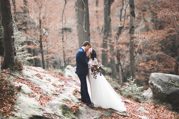 Πανέμορφο γαμήλιο ζευγάρι φιλί και αγκαλιάζει στο δάσος με μεγάλους βράχους — Φωτογραφία Αρχείου