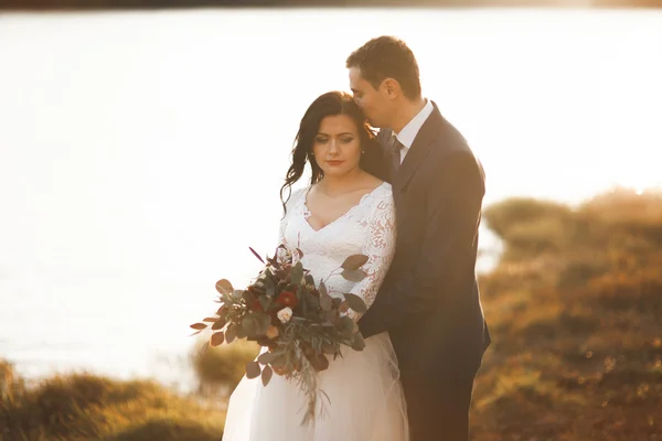 夕暮れ時に湖の近くポーズ エレガントな美しい結婚式のカップル — ストック写真