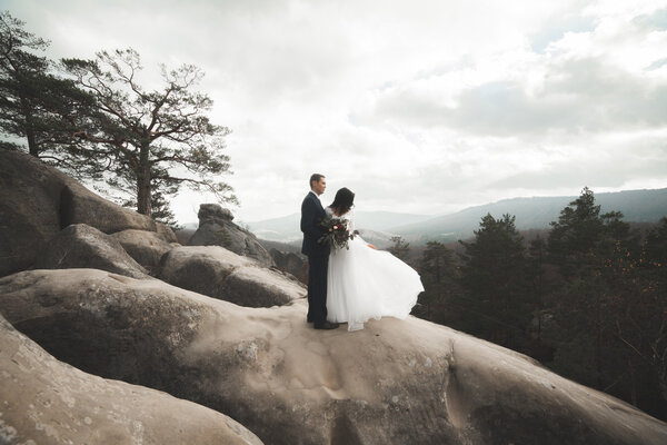 Великолепная невеста, поцелуи и объятия у скал с потрясающим видом
