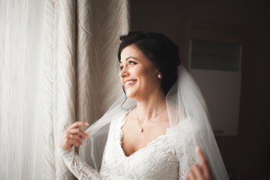 Güzel moda peçe düğün sabah gelinle portresi. Gelinlik