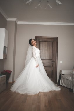 Güzel moda peçe düğün sabah gelinle portresi. Gelinlik