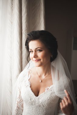 Güzel moda peçe düğün sabah gelinle portresi. Gelinlik