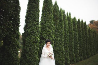 Zarif beyaz elbiseli güzel esmer gelin elinde buket ile güzel ağaçlar poz veriyor.