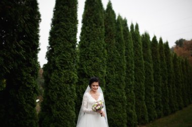 Zarif beyaz elbiseli güzel esmer gelin elinde buket ile güzel ağaçlar poz veriyor.