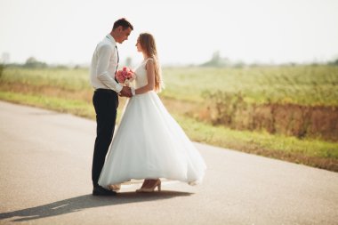 Güzel düğün çift, gelin ve damat yolda poz