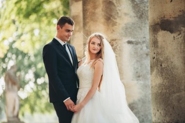 Güzel, romantik bir düğün. Yeni evliler. Eski kalenin yakınlarında sarılıyorlar.