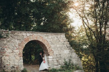 Güzel, romantik bir düğün. Yeni evliler. Eski kalenin yakınlarında sarılıyorlar.