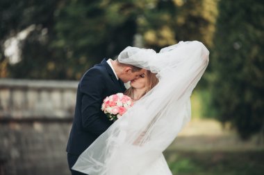 Güzel, romantik bir düğün. Yeni evliler. Eski kalenin yakınlarında sarılıyorlar.