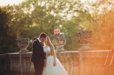 Sunset eski kale sarılma yeni evli çiftin güzel romantik düğün