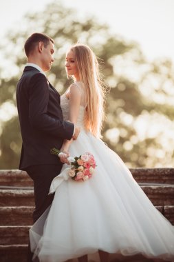 Sunset eski kale sarılma yeni evli çiftin güzel romantik düğün