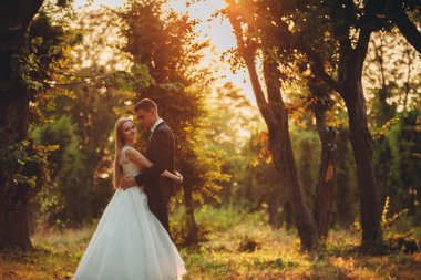 Güzel romantik bir çift yeni evliler gün batımında parkta sarılıyorlar.