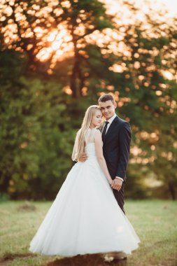Güzel romantik Düğün çifti, damat ve gelin on sunset eski kale sarılma