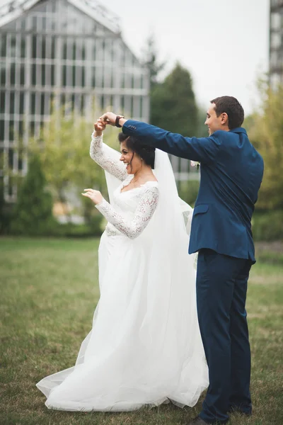 Casal feliz caminhando em um parque botânico — Fotografia de Stock