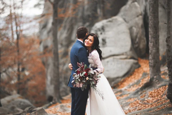 Hermosa pareja de boda besándose y abrazándose en el bosque con grandes rocas —  Fotos de Stock