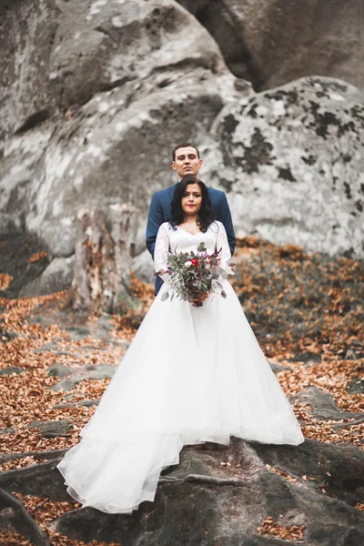 Hermosa pareja de boda besándose y abrazándose en el bosque con grandes rocas — Foto de Stock
