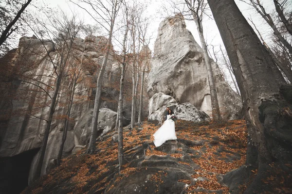 Hermosa pareja de boda besándose y abrazándose en el bosque con grandes rocas — Foto de Stock