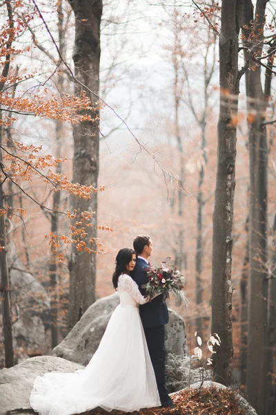 Πανέμορφο γαμήλιο ζευγάρι φιλί και αγκαλιάζει στο δάσος με μεγάλους βράχους — Φωτογραφία Αρχείου