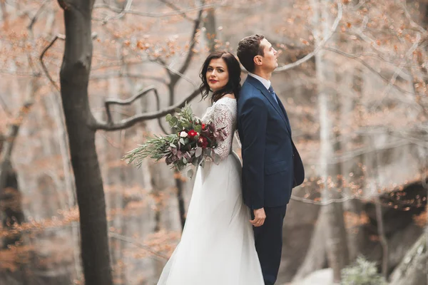 Hermosa pareja de boda besándose y abrazándose en el bosque con grandes rocas —  Fotos de Stock