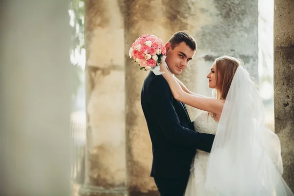 Beautiful romantic wedding couple of newlyweds hugging near old castle — Stock Photo, Image